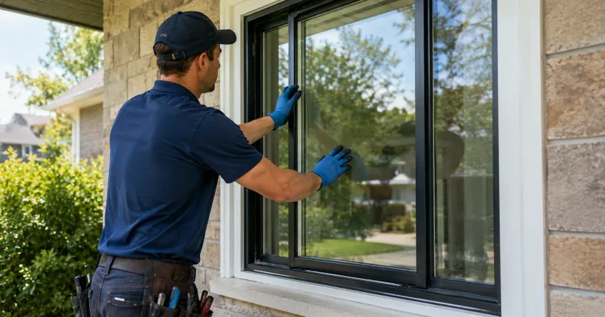 technician measuring a broken window pane for replacement in Ospringe, Erin