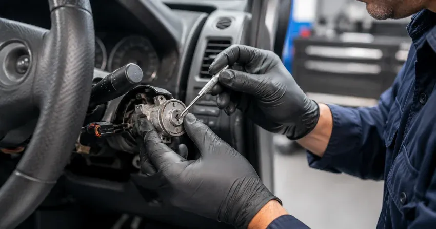 technician diagnosing an ignition lock repair issue in Ballinafad, Erin