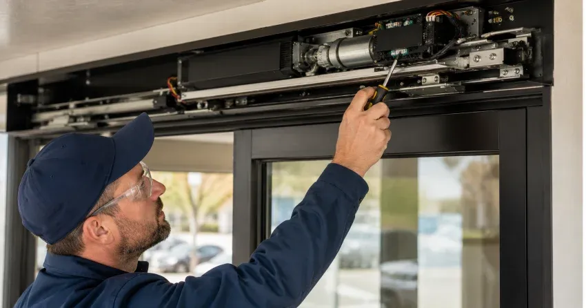 technician completing automatic door repair on residential property in Crewson