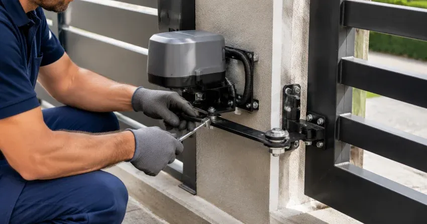 technician diagnosing automatic gate motor and control panel in Ospringe, Erin