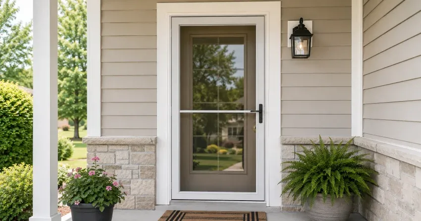 technician hanging storm door square and plumb in Erin