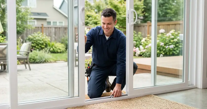 technician diagnosing a sticking patio door in Crewson