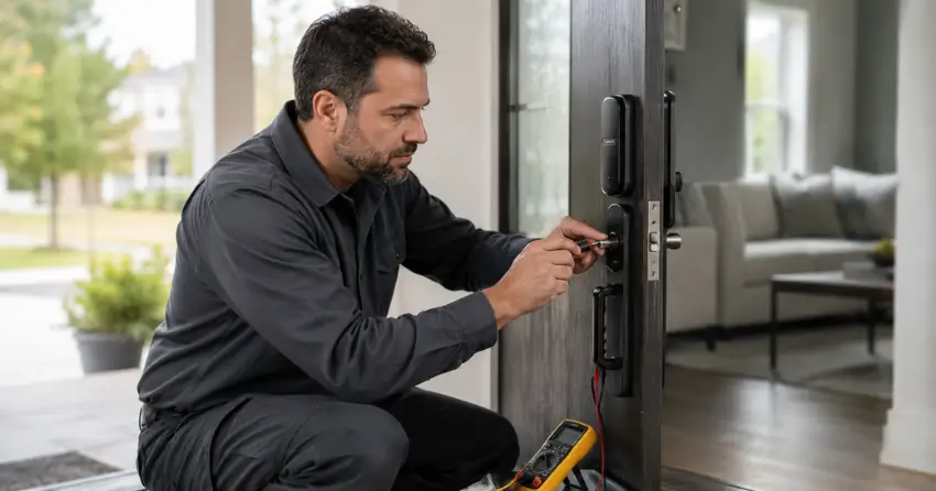 technician diagnosing automatic door lock mechanism on residential door in Crewson