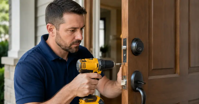 technician installing a new deadbolt during Change Door Lock Crewson