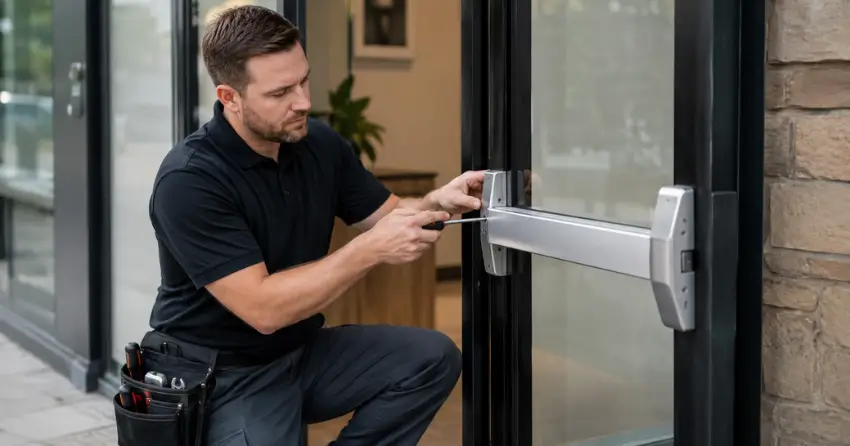 commercial locksmith repairing exit device on storefront door Erin