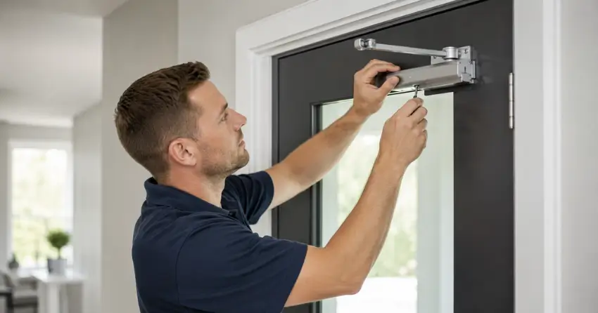 technician adjusting door closer hydraulic valve in Brisbane, Erin home