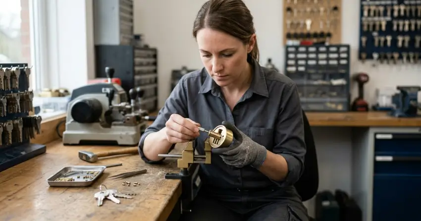 locksmith technician rekeying a deadbolt in Erin