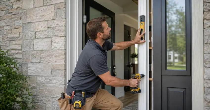 technician installing a new exterior door frame in Erin