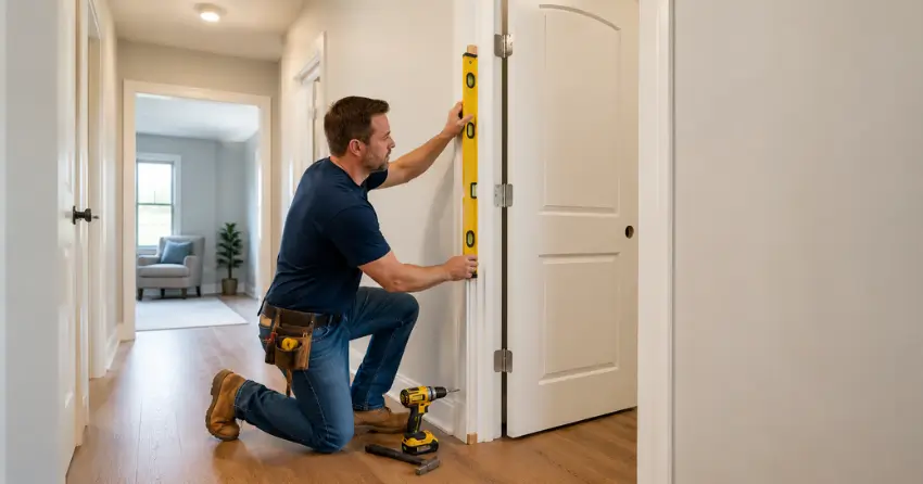 technician installing a pre-hung interior door in a home hallway Ballinafad, Erin