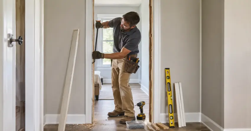 technician removing an old interior door frame during installation Ospringe, Erin