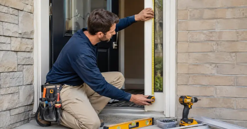technician measuring door frame before storm door install in Cedar Valley, Erin