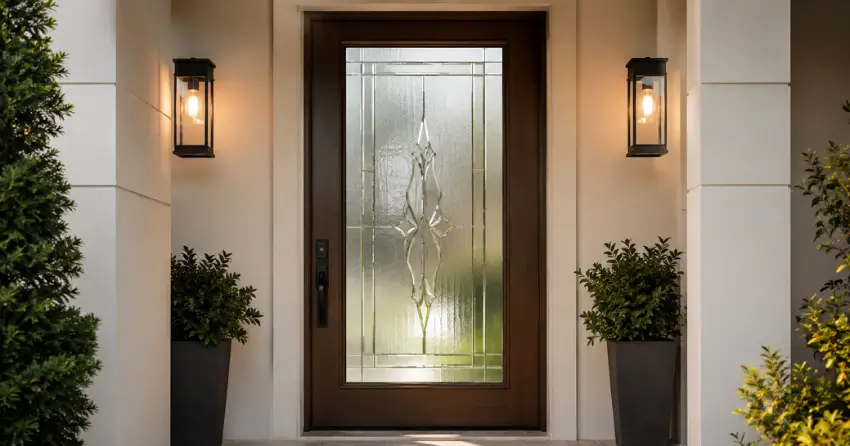 decorative frosted glass panel installed in a front door in Erin