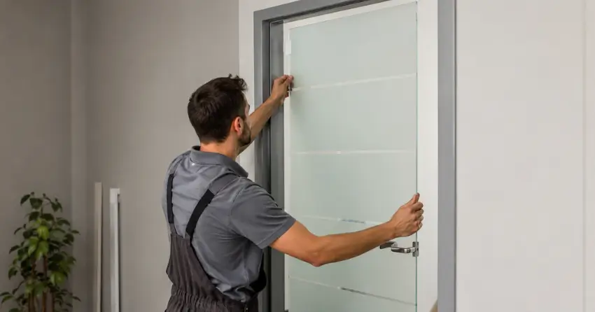 frosted glass interior door panel installation in Crewson