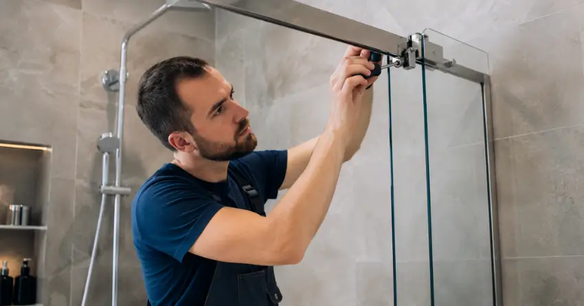 technician adjusting shower door hinge and track in Ballinafad, Erin