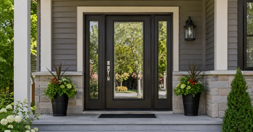 glass entry door with sidelights on a home in Brisbane, Erin