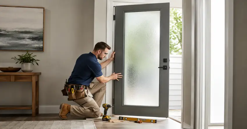 glass panel door installation with frosted privacy glass in residential setting in Ballinafad, Erin