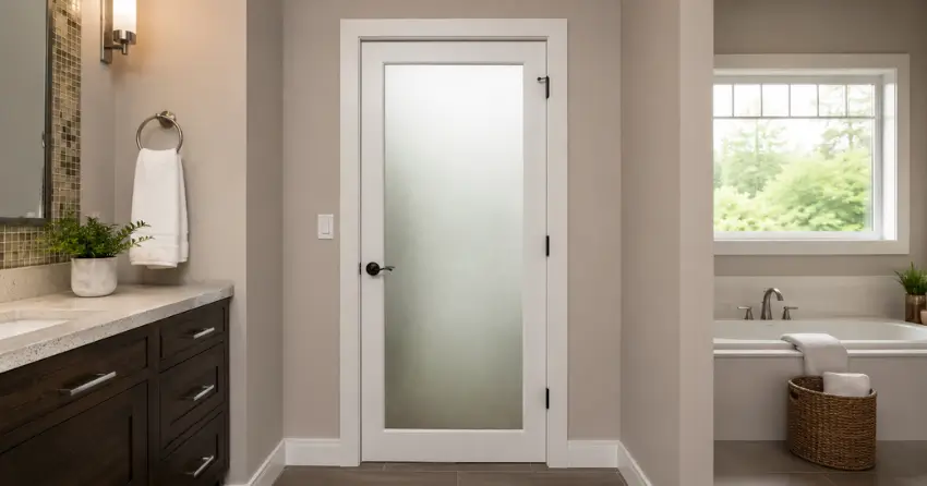 frosted glass panel bathroom door installed in a Cedar Valley, Erin home