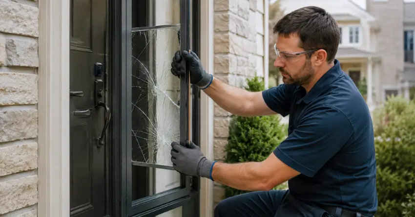 technician removing cracked storm door glass panel in Crewson