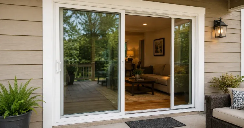 Patio Door Installation technician setting a new frame in Orton, Erin