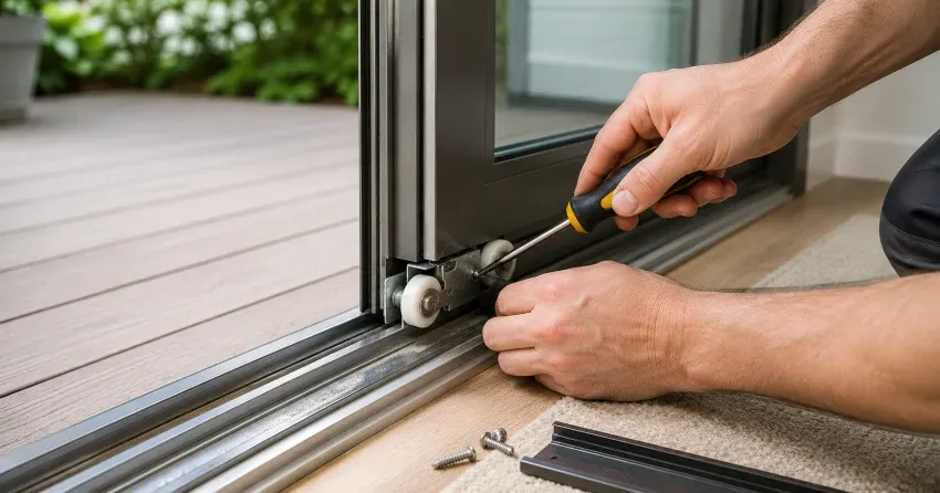 sliding door fix Erin technician diagnosing track issue