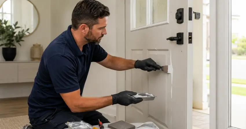 technician repairing fiberglass door surface crack in Ballinafad, Erin