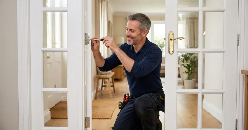 technician adjusting French door hinge for proper alignment in Orton, Erin