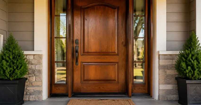 wood door mid-restoration showing stripped bare wood in Crewson