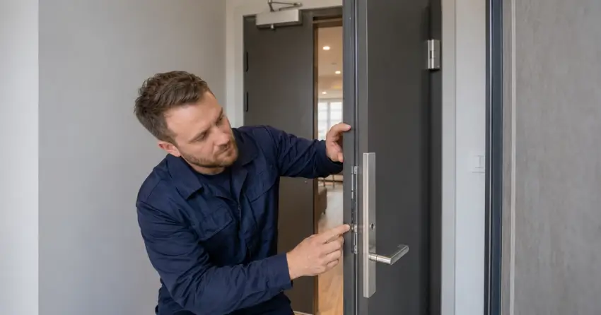 technician inspecting fire-rated door seal and hardware in Erin