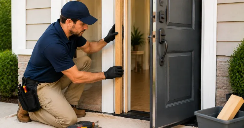 technician inspecting damaged door frame corner in Cedar Valley, Erin