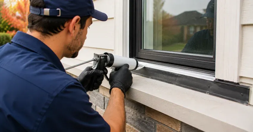 technician inspecting window flashing for leak source in Brisbane, Erin