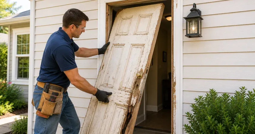 warped exterior door frame showing weather damage in Ospringe, Erin
