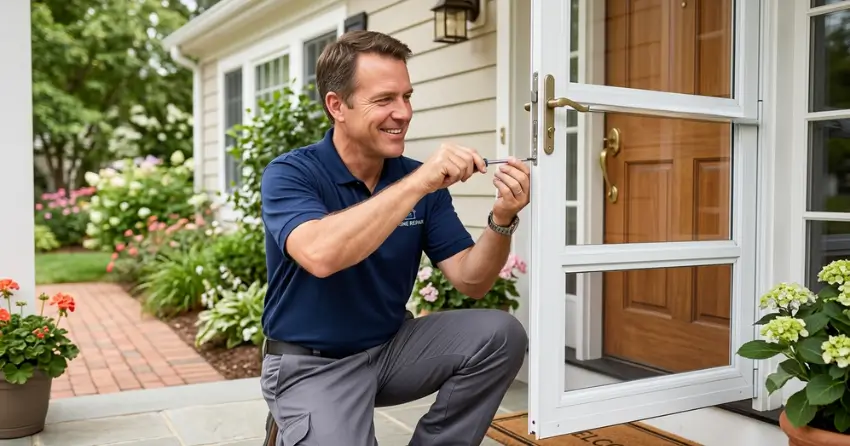 technician adjusting storm door hinge and closer in Cedar Valley, Erin