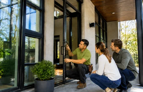 Modern home exterior with floor-to-ceiling windows by Windows & Doors Erin